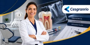 Cirurgiã-dentista em consultório com radiografia, modelo de dente, materiais de Endodontia e referência à banca Cesgranrio.