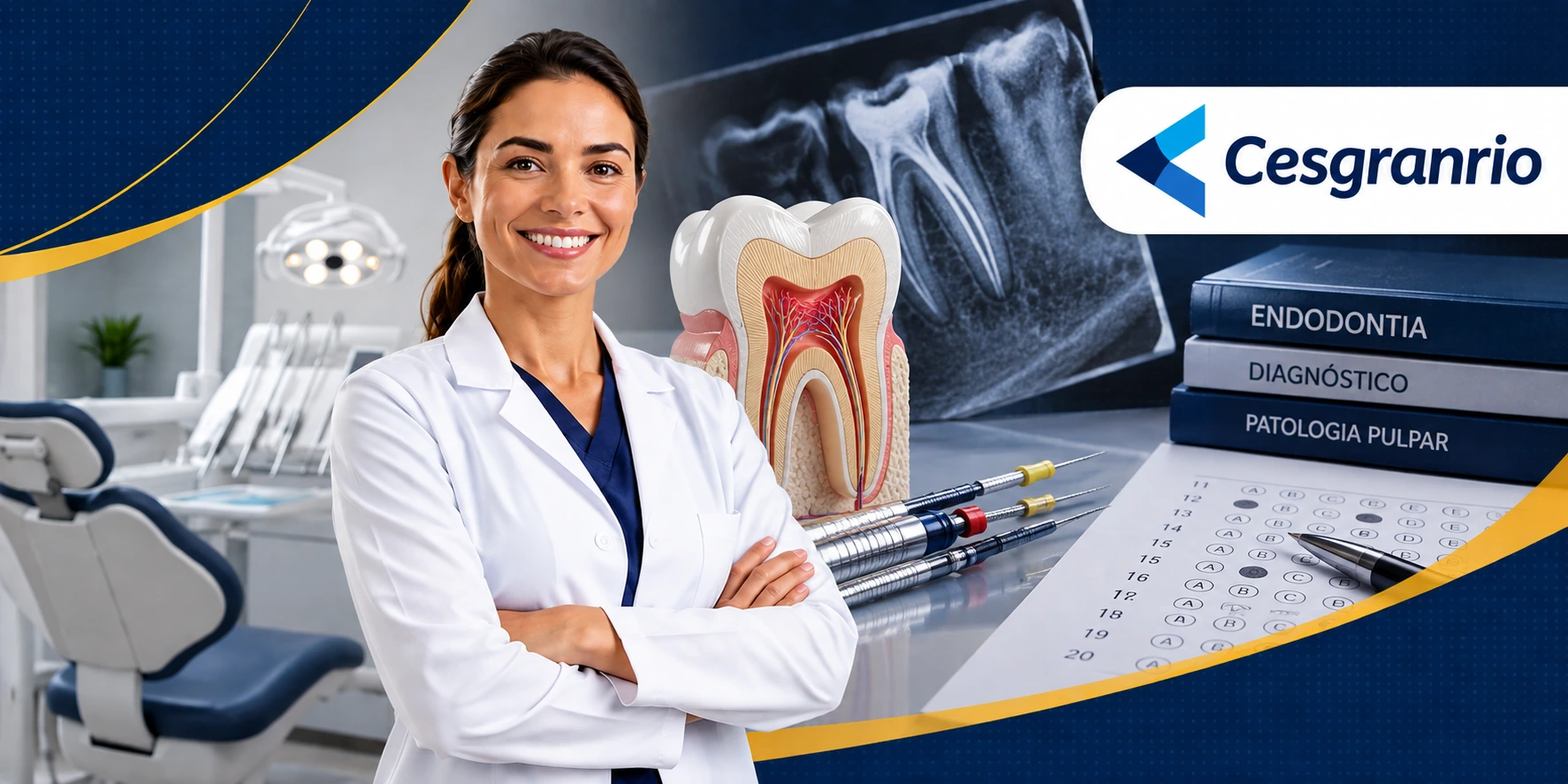 Cirurgiã-dentista em consultório com radiografia, modelo de dente, materiais de Endodontia e referência à banca Cesgranrio.
